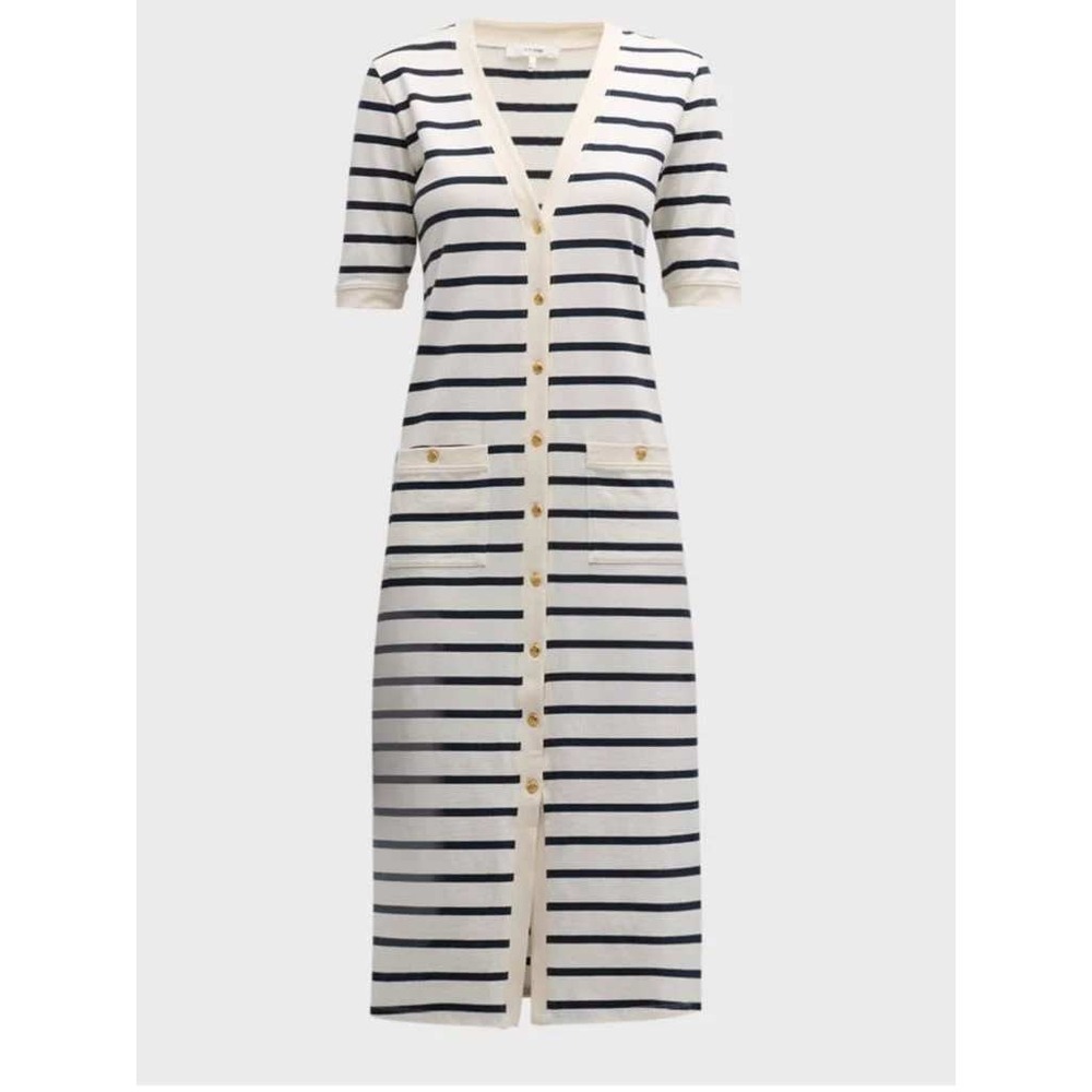 FRAME Stripe Henley Organic Cotton White Navy Nautical Gold Button Midi Dress S